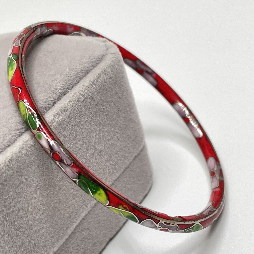 Vintage Cloisonne Enamel Floral Bangle Bracelet 7.5" Red Pink Green Metal